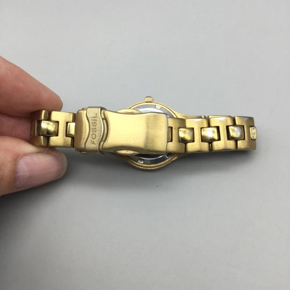 Fossil AM-3859 Womens Watch 25mm White MOP Dial Gold Tone Date New Battery 6